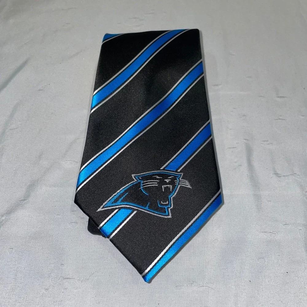 NFL Carolina Panthers Mens Necktie Black Blue Striped Logo Silk Look Tie